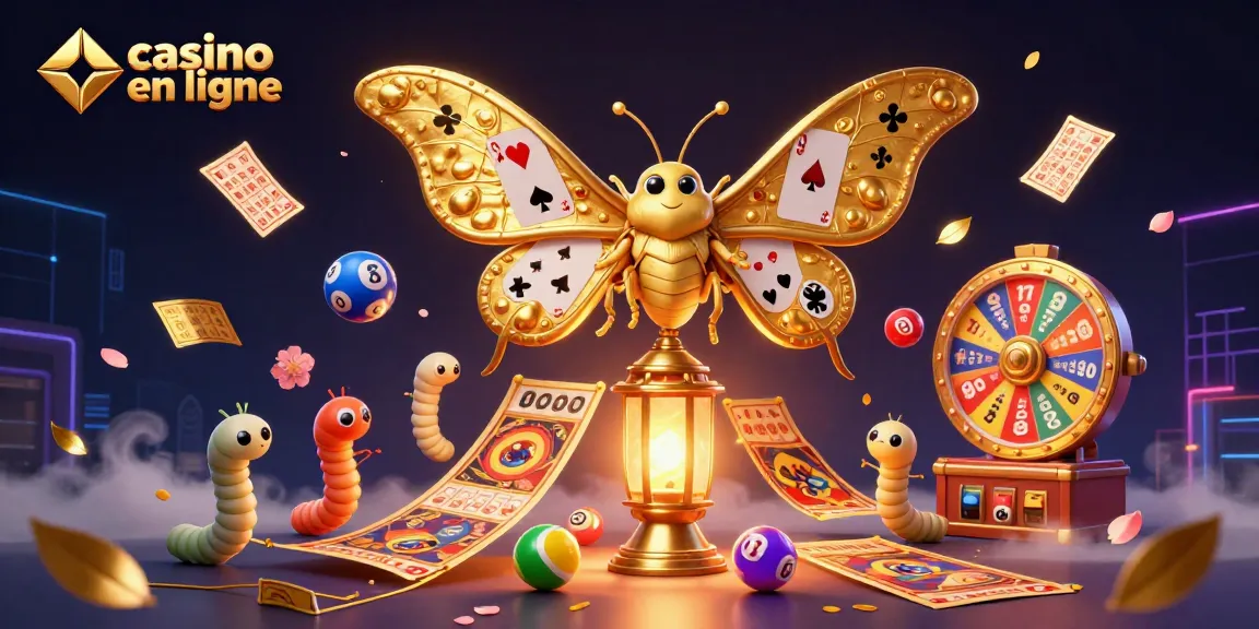 Célébrez le casino en ligne avec une illustration 3D colorée mettant en vedette un papillon et des éléments de jeu vibrants.