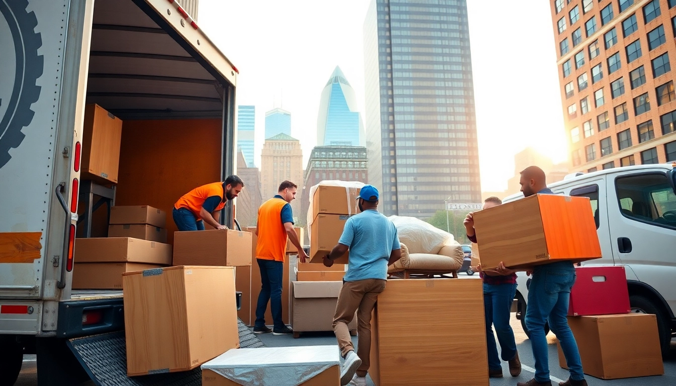 Boston local movers efficiently loading a truck with furniture in a bustling urban environment.