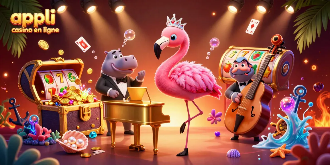 Illustration dynamique d'appli casino en ligne avec un flamant rose chanteur et un hippopotame contre une scène de casino.