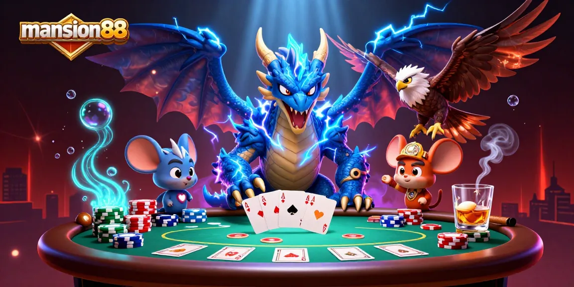 Bet on mansion88 with thrilling poker action featuring a thunder dragon, hawk, and dynamic scenery.