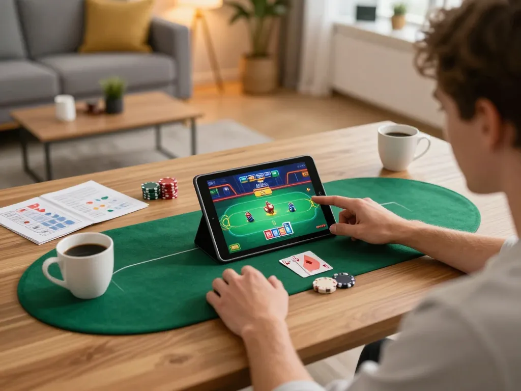 Engaging with online poker at home using https://uu88.agency/ on a tablet, strategic notes visible.