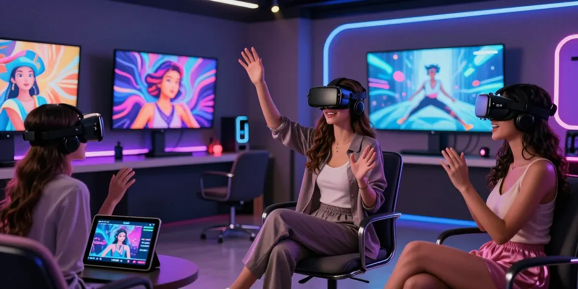 Engaging model in AI-powered adult entertainment studio featuring innovative tech and vibrant lighting, capturing the essence of ai porn.