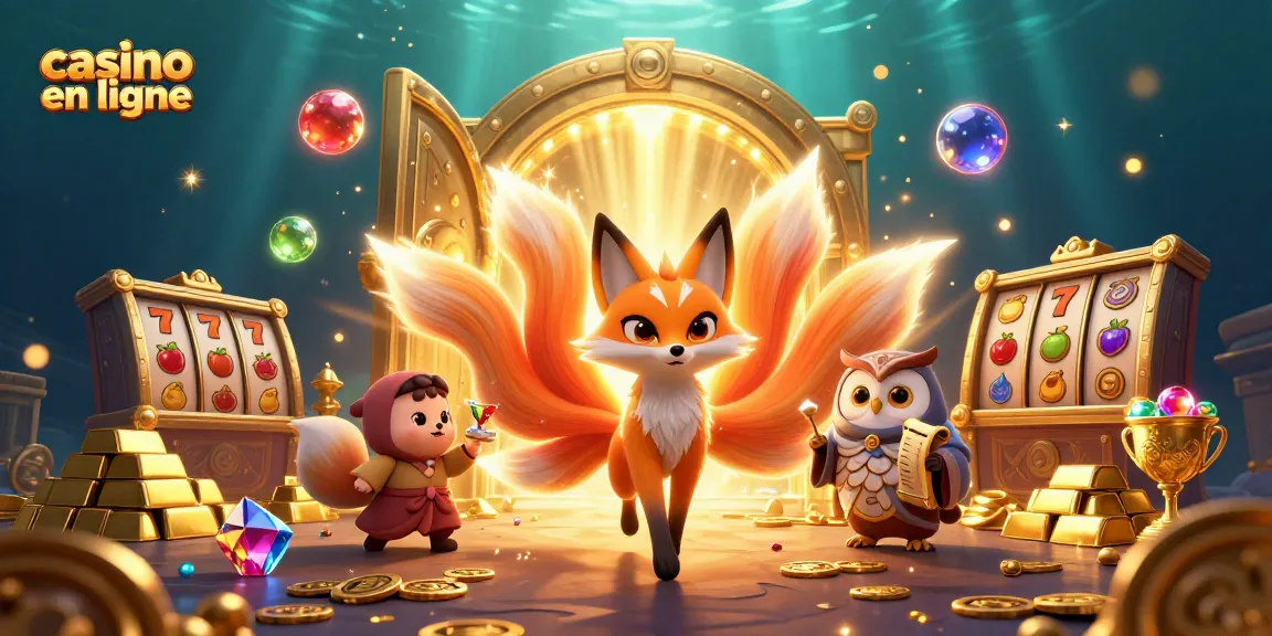 Illustration captivante de casino en ligne avec un renard à neuf queues, de l'or et des gemmes scintillantes.