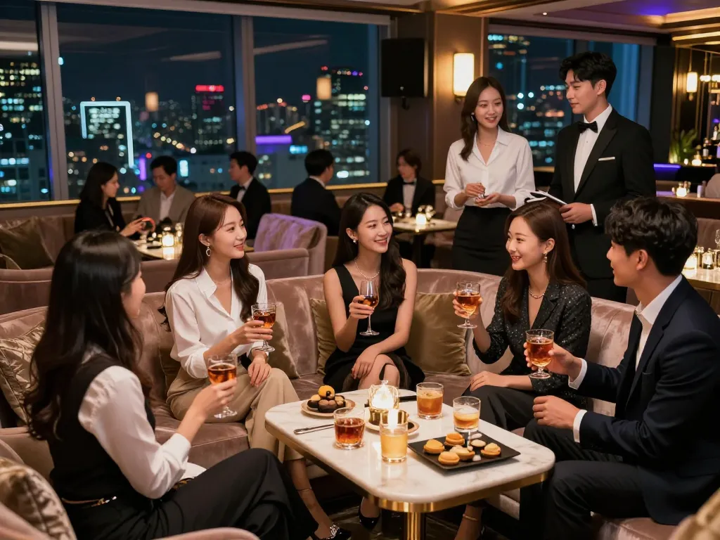 강남쩜오 upscale lounge with friends enjoying luxurious atmosphere and premium drinks.