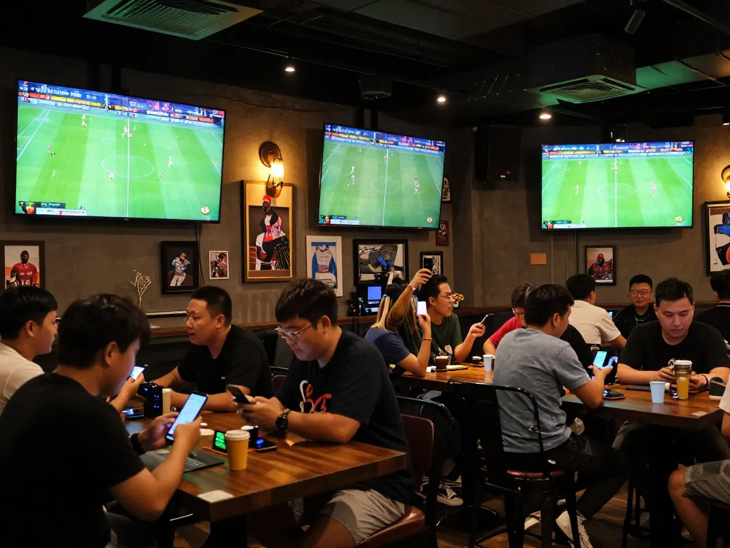 Cà khịa tv fans intensely watching football matches and placing bets at a lively sports bar.