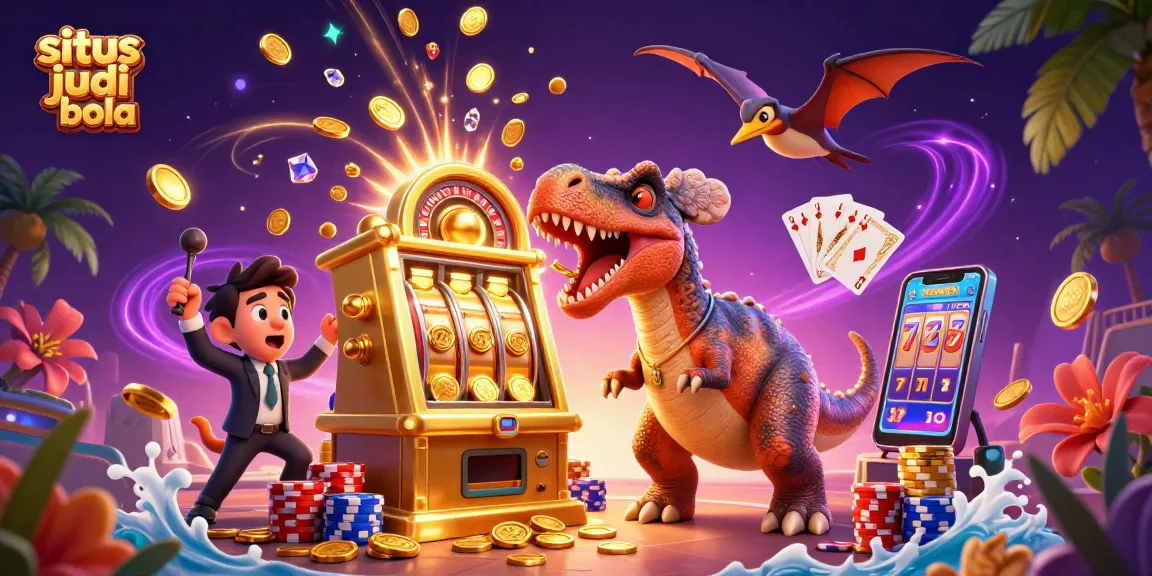 Experience situs judi bola excitement as a pachycephalosaurus triggers a slot machine jackpot amidst flying coins.