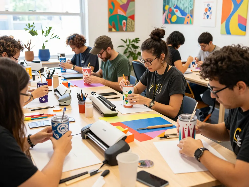 Tumbler designs using svg bundle in vibrant arts and crafts studio with diverse creators.