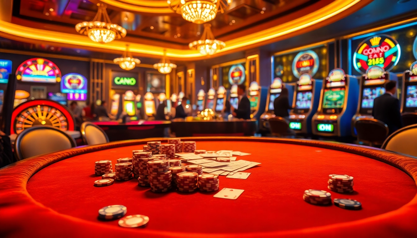 KPI4D gamblers enjoying a vibrant poker table under warm golden lighting with high-stakes chips and dynamic roulette wheels.