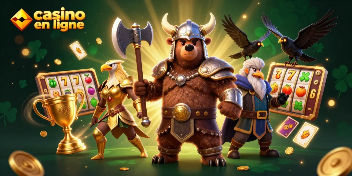 Gagnez avec le casino en ligne, avec un ours viking et une aigle valkyrie dominant une scène de machines à sous.
