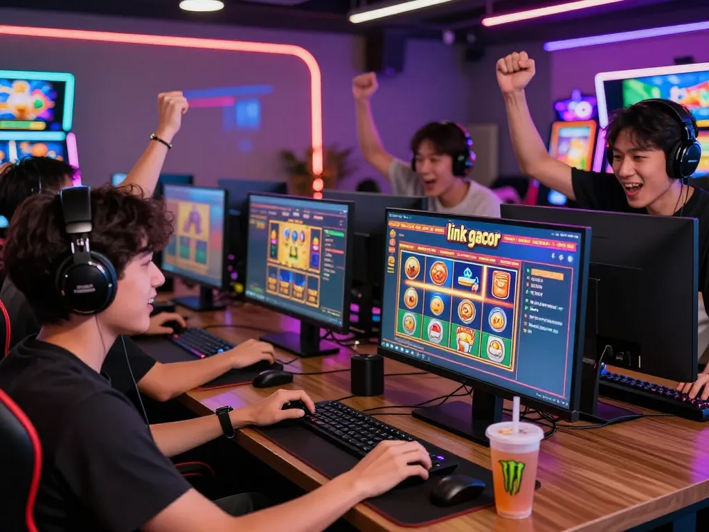 Friends excitedly playing online games using the link gacor interface in a vibrant digital casino atmosphere.