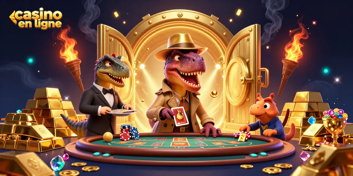 Le casino en ligne avec un velociraptor intrigué à une table de blackjack, ambiance dynamique.