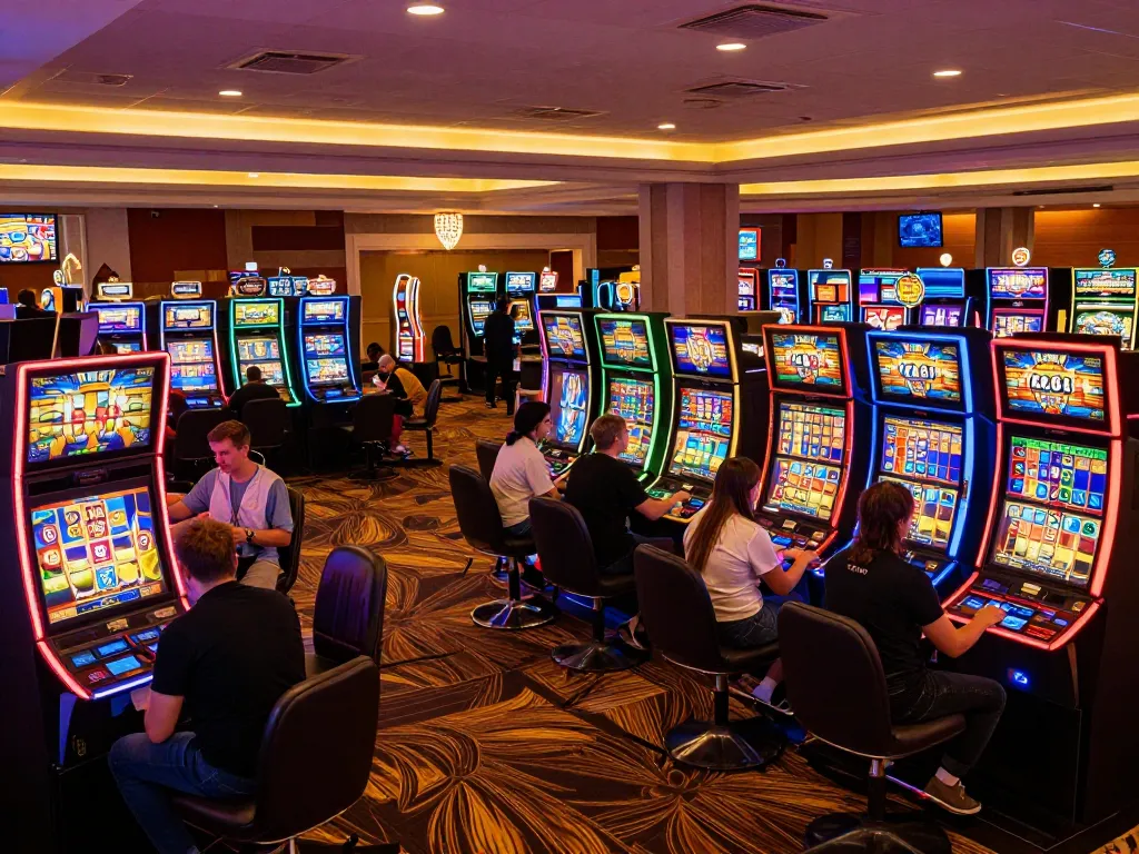 Players enjoying the excitement of slot deposit 2rb games in a lively casino setting.