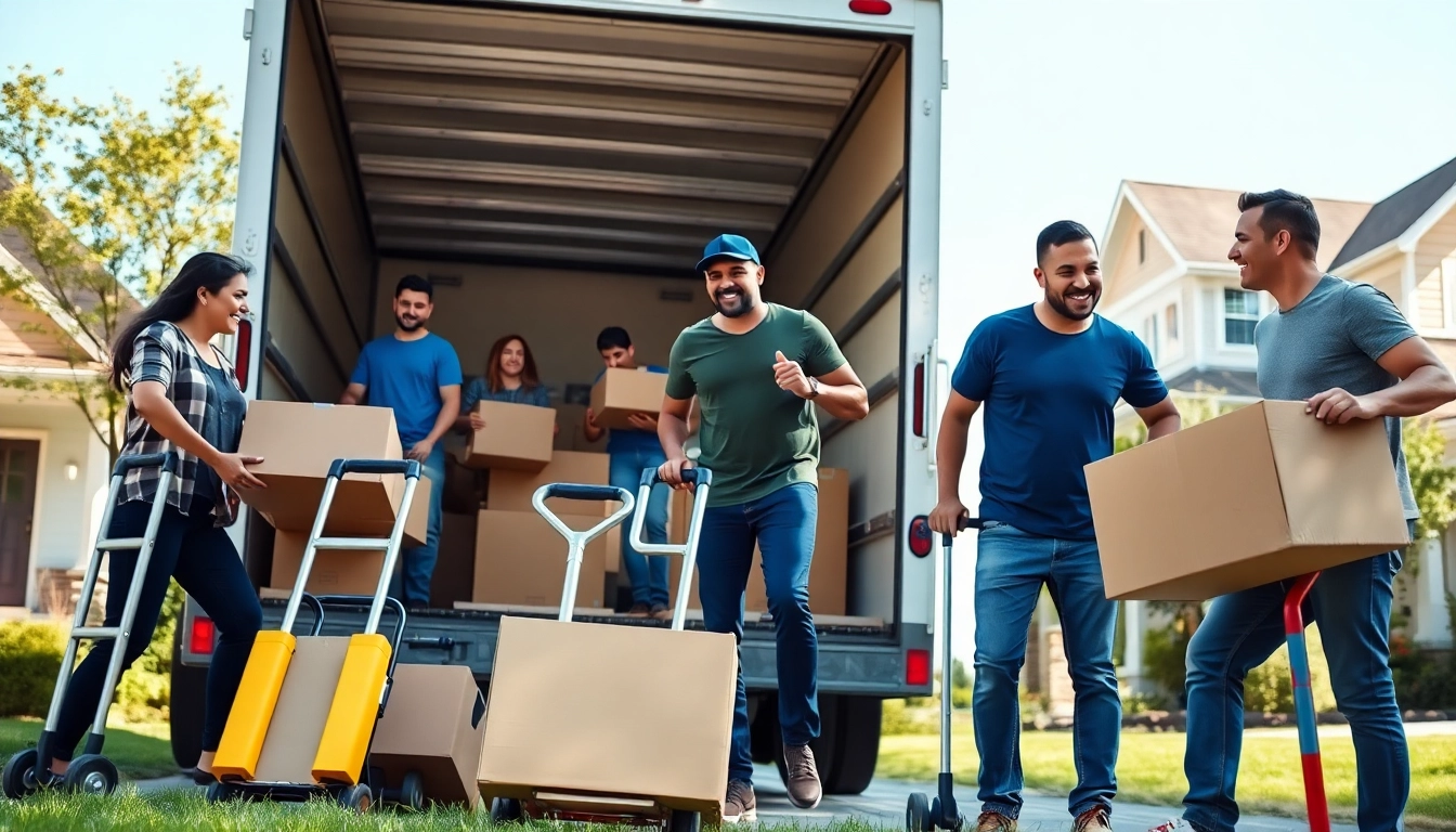 Moving company team efficiently loading boxes into their truck during a residential move.