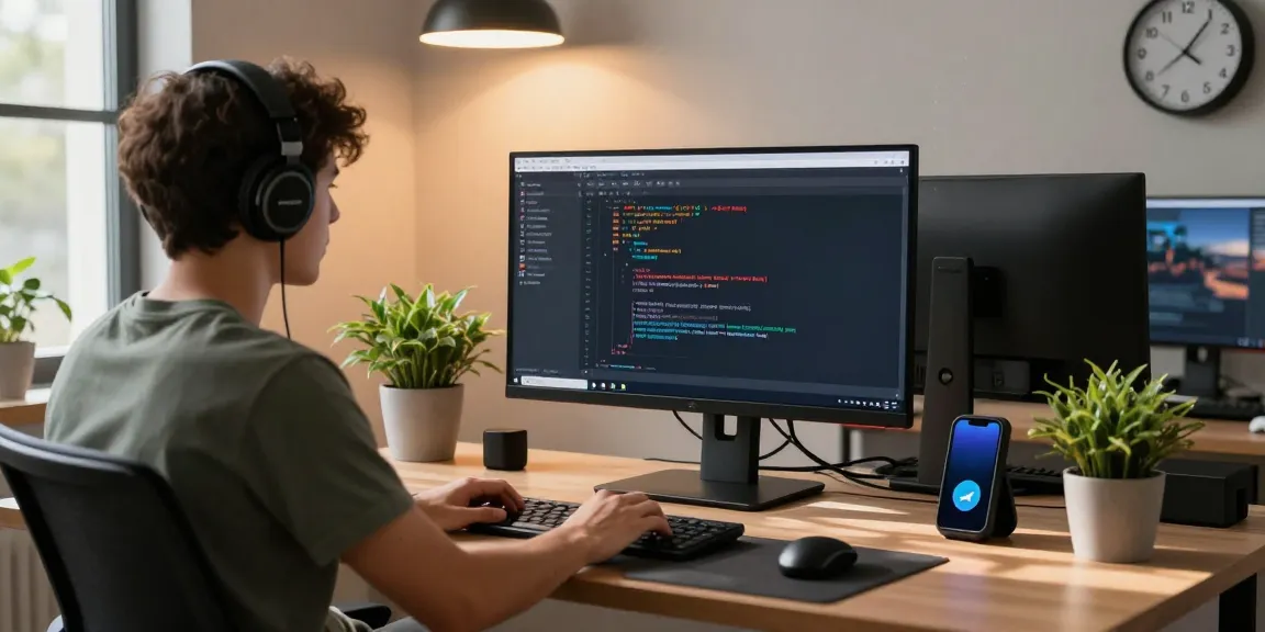 Developer working on 纸飞机官网 API in a modern tech workspace with coding on a large monitor and a vibrant atmosphere.