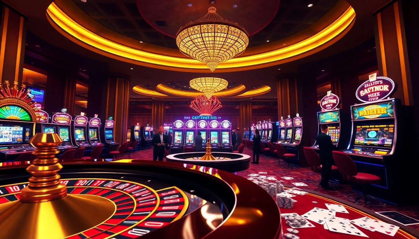 Excited players enjoying pg soft slot machines in a vibrant, luxurious casino setting.