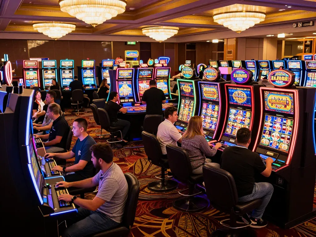 Players experiencing the thrill of winning at jagoan86 slot machines in a vibrant casino.