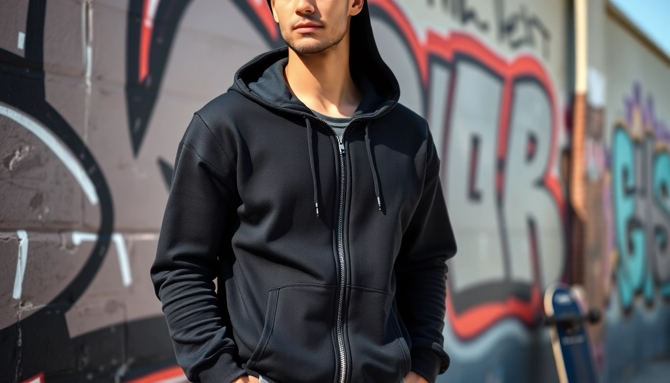 Fashionable individual showcasing a black zip up hoodie against an urban backdrop.