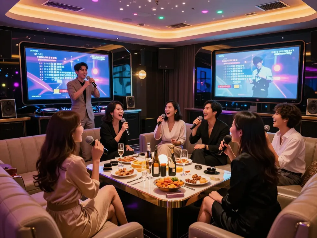 럭셔리한 환경에서 친구들과 강남퍼펙트 노래방의 활기찬 밤을 즐기는 모습.