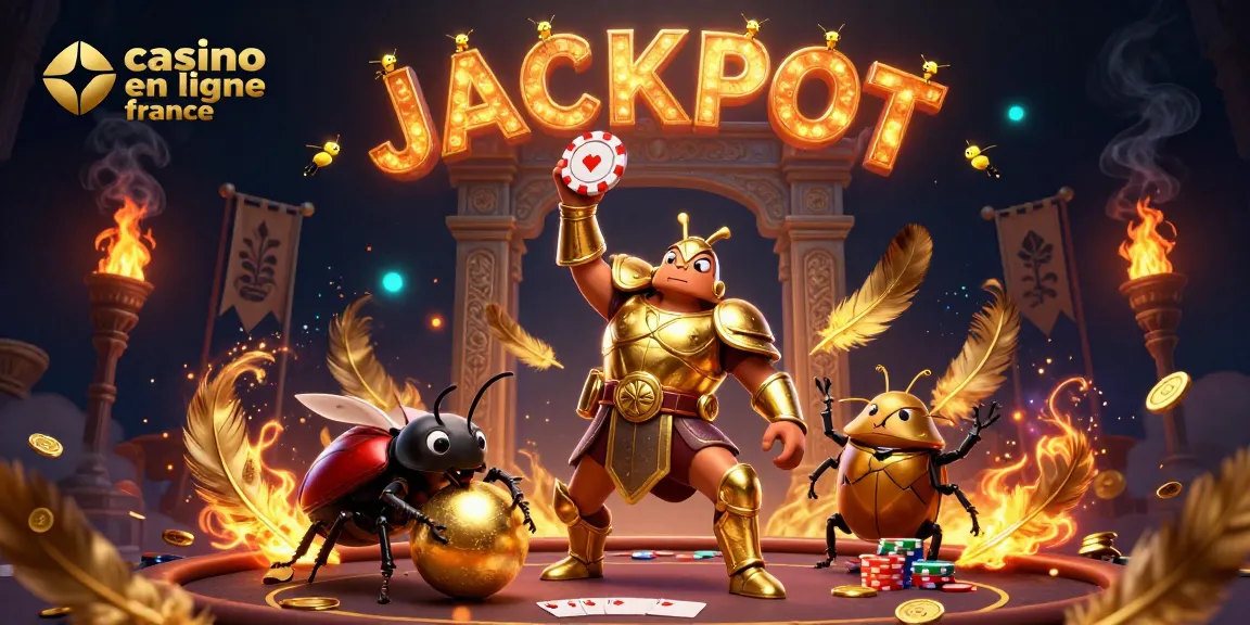 Regardez le héros du casino en ligne France avec un jeton de poker et une ambiance festive.