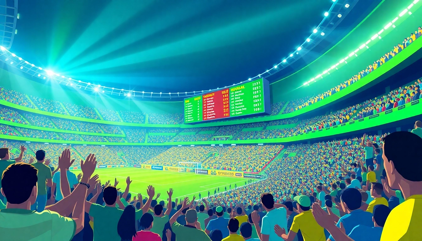 Scoreboard showing ผลบอลบ้าน in a vibrant football stadium filled with cheering fans.