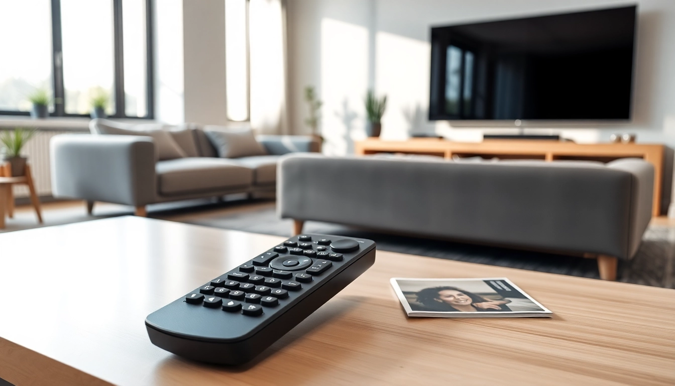 Steuere dein TV-Erlebnis mit der Smart Fernbedienung LG, die elegant auf einem Tisch präsentiert wird.