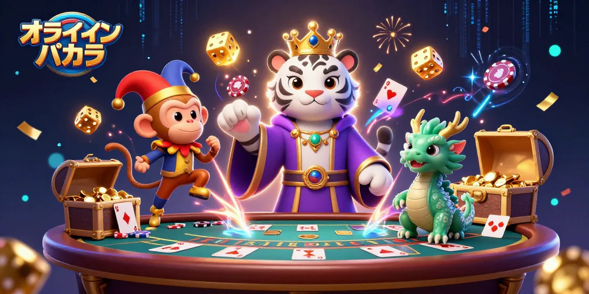 オンラインバカラの魅力を披露する、精巧なキャラクターとバカラテーブルのイラスト。