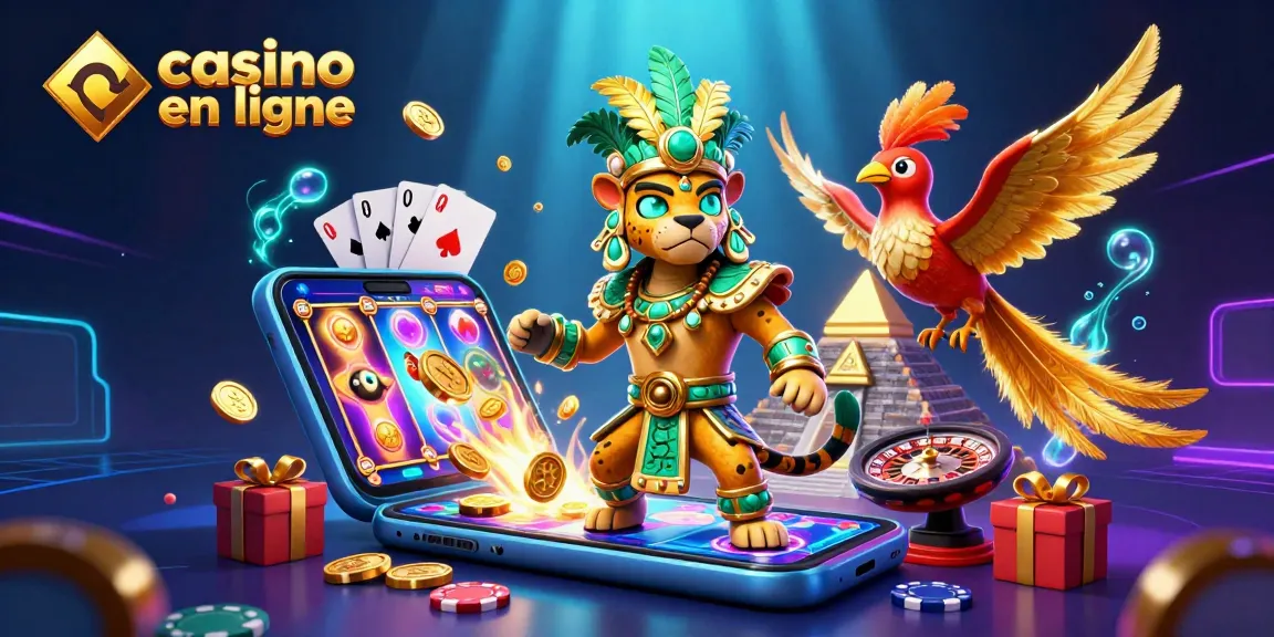 Explorez l'univers des jeux de casino en ligne avec une illustration 3D captivante, mettant en scène un prêtre jaguar et des éléments de jeux variés.