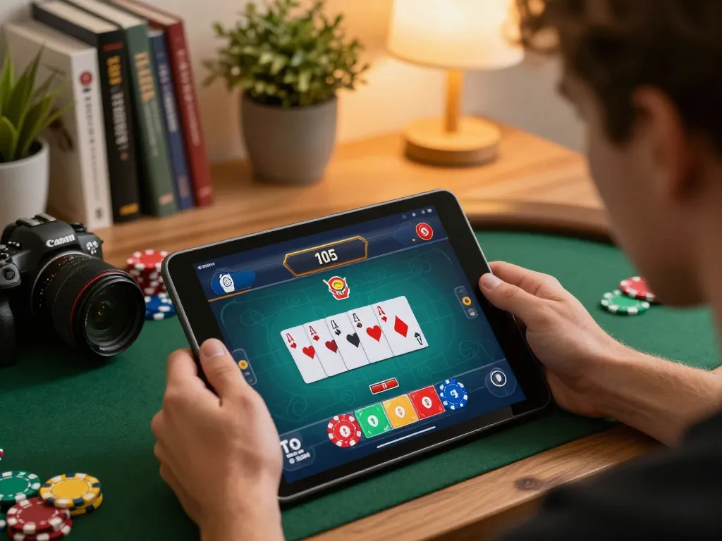Player enjoying a strategic poker game on kkwin's online platform, showcasing colorful chips and cards.