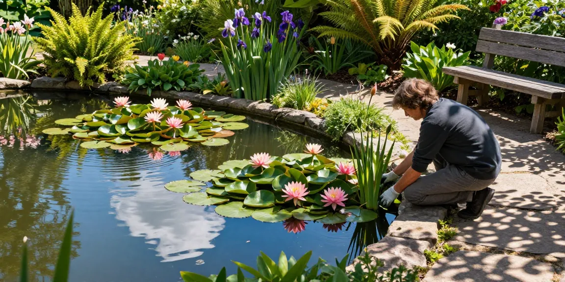 Buy Water Lilies in a serene garden setting with vibrant blooms, showcasing a gardener tending to the pond.