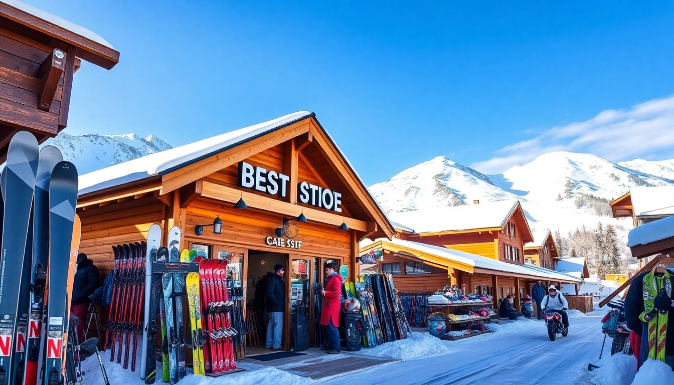 Shop for premium gear at the best ski store in [Location], featuring a vibrant array of skis and apparel.