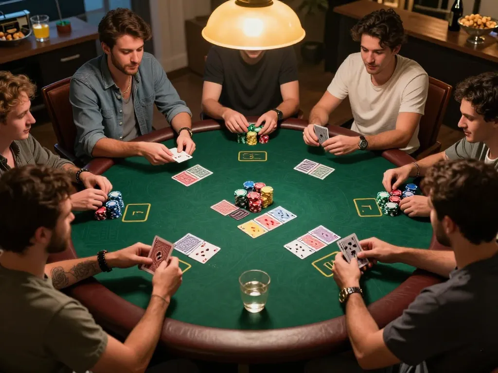Engaged friends enjoy a dynamic poker night, showcasing strategies for slot gacor hari ini in a competitive atmosphere.