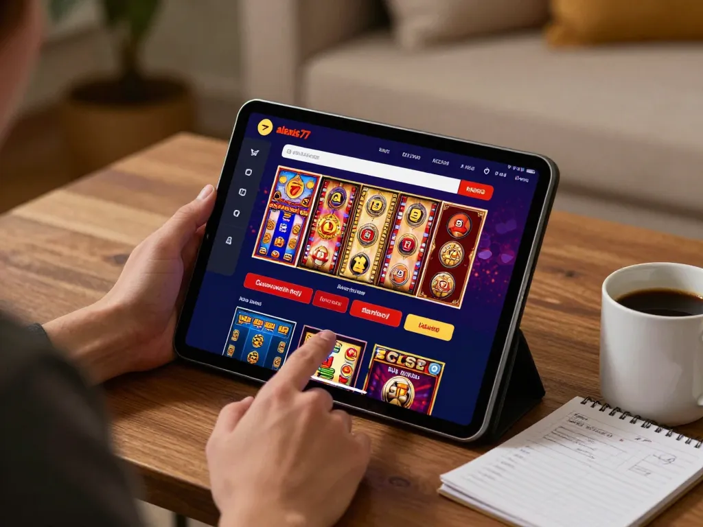 Engaged player using alexis77 casino app on tablet amidst cozy home setting