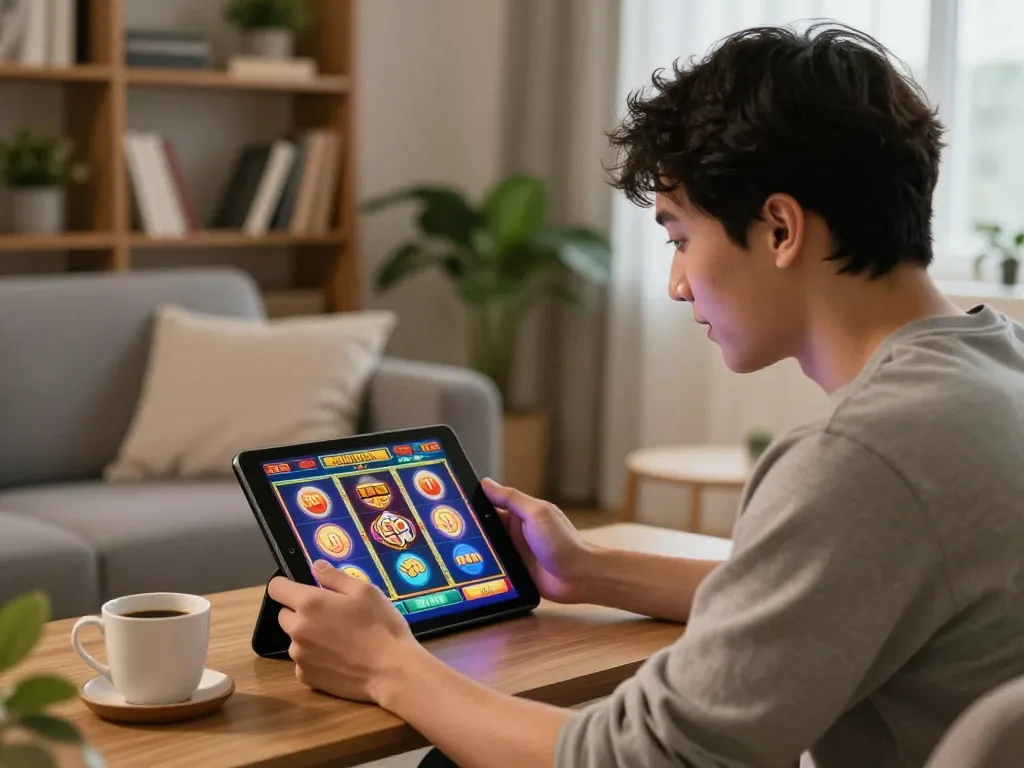 CEMESLOT player enjoying an exciting session on a tablet while sitting comfortably at home