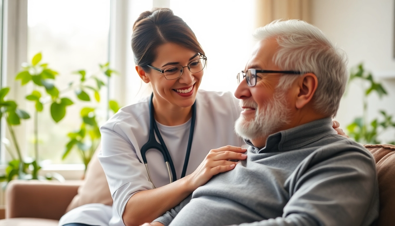 Trusted caregiver providing in home care near me to seniors in a bright, inviting living room.