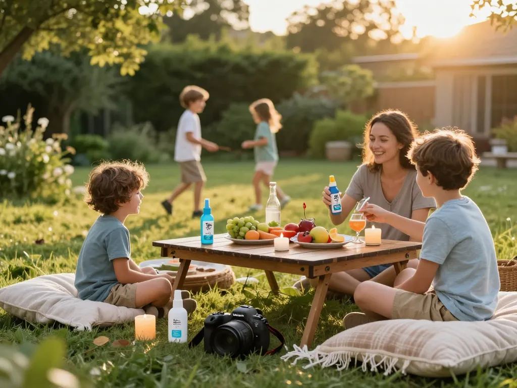 Family enjoying summer barbecue while using the Best Mosquito Repellent for outdoor protection.