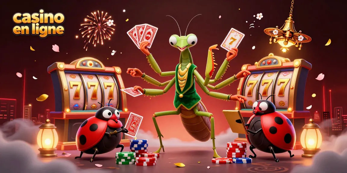 Jouez à des jeux de casino en ligne avec des jackpots, des cartes et des jetons autour d'un mante religieuse.