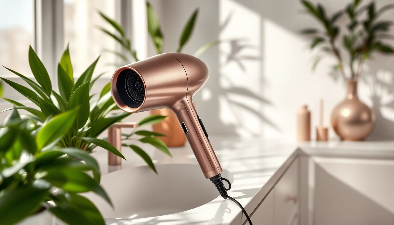 Hair dryer for frizzy hair elegantly showcased on a vanity with natural lighting and greenery.