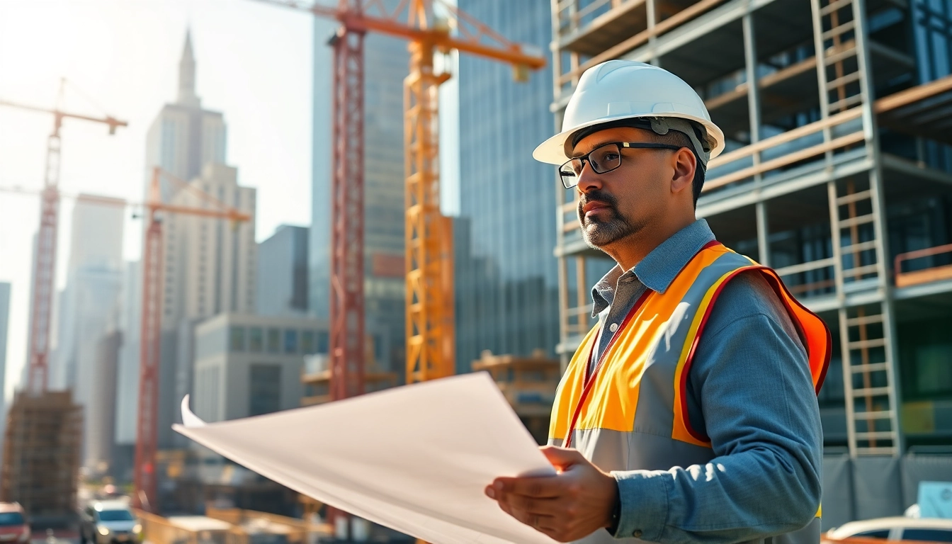 New York City Construction Manager reviews blueprints at an active urban construction site in Manhattan.
