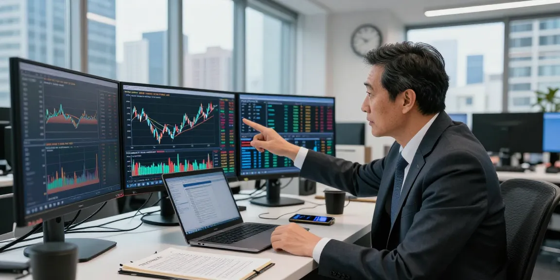 Real-time market data analysis with a trader focused on stock trends in a modern finance office.