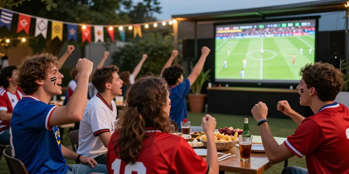 Menonton bola dengan teman-teman dalam pesta nonton bersama, suasana ceria dan penuh semangat.