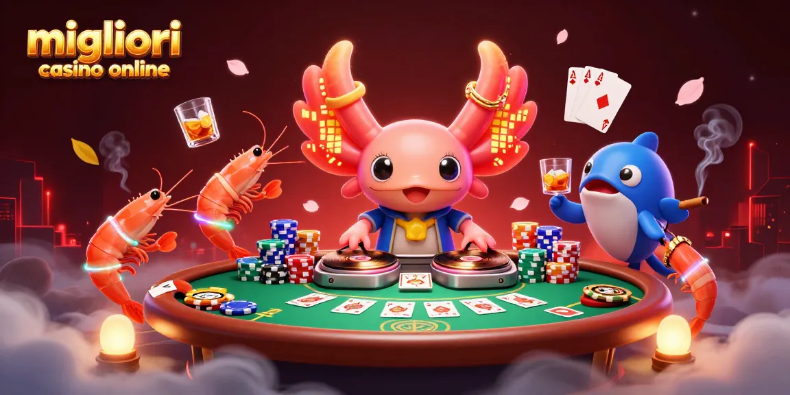 Gioca nei migliori casino online con questa illustrazione vibrante di un DJ assieme a un tavolo da poker e molti elementi di gioco