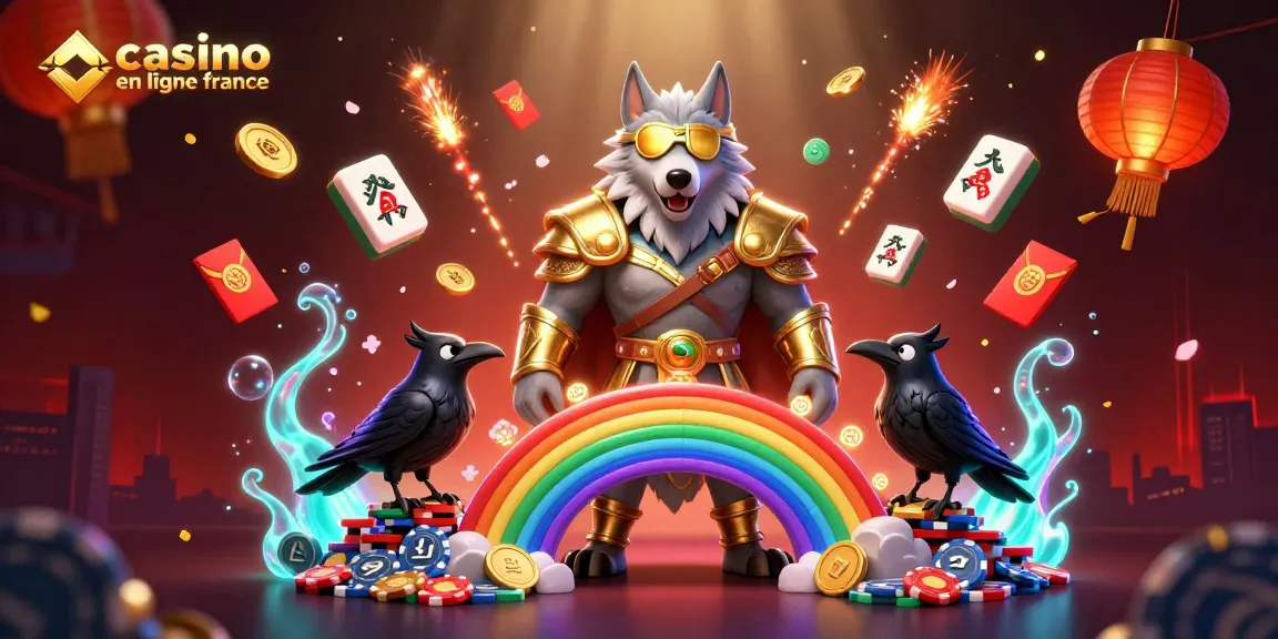Jouez sur un casino en ligne France avec des personnages mythologiques devant un pont arc-en-ciel fait de jetons