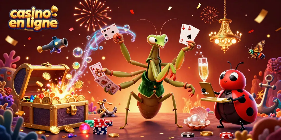 Une scène de casino en ligne où un mante religieuse géant distribue des cartes entouré de trésors