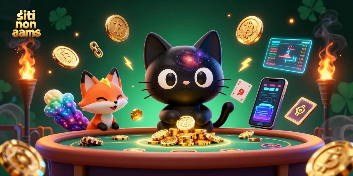 Giocando su siti non AAMS, un gatto nero buco nero attira chips d'oro e carte nel tavolo da casinò.