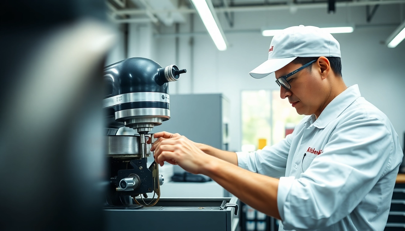 Expert performing kitchenaid appliance repair ottawa in a professional workshop setting.