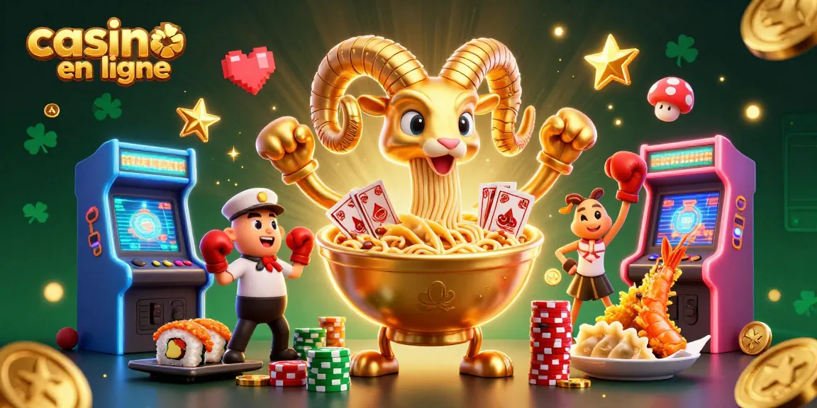 Illustration dynamique mettant en avant un casino en ligne avec un bol de ramen géant en or, des personnages amusants, et des éléments de jeu colorés.