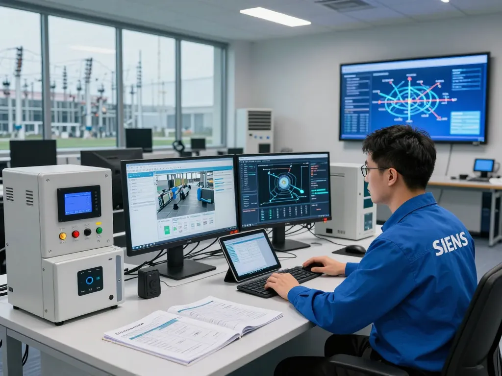 Engineer in Siemens gear analyzing data in a high-tech workspace, showcasing advanced industrial automation technology.