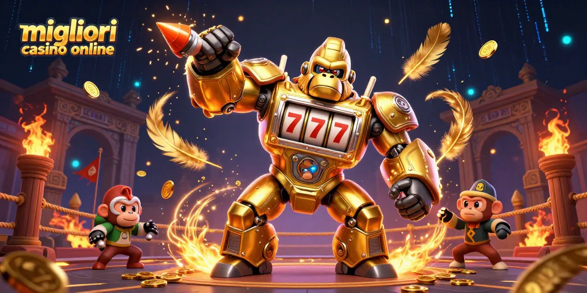 Gioca nei migliori casino online con un gorilla meccanico d'oro che sfonda le slot machine.