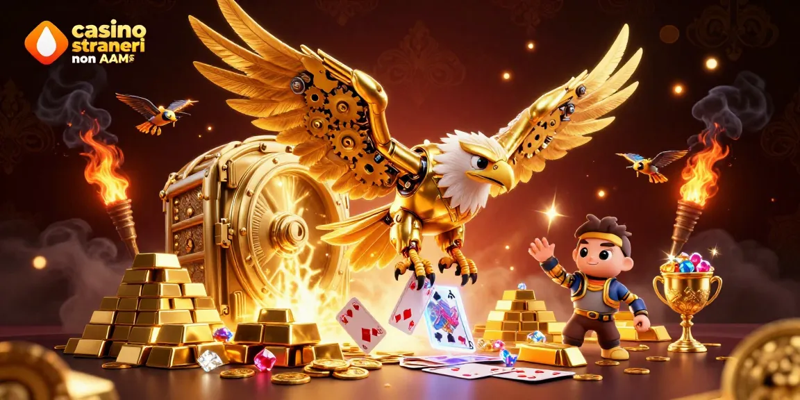 Illustrazione 3D di un'aquila d'oro che vola tra carte da gioco, offerta nei casinò online stranieri non AAMS