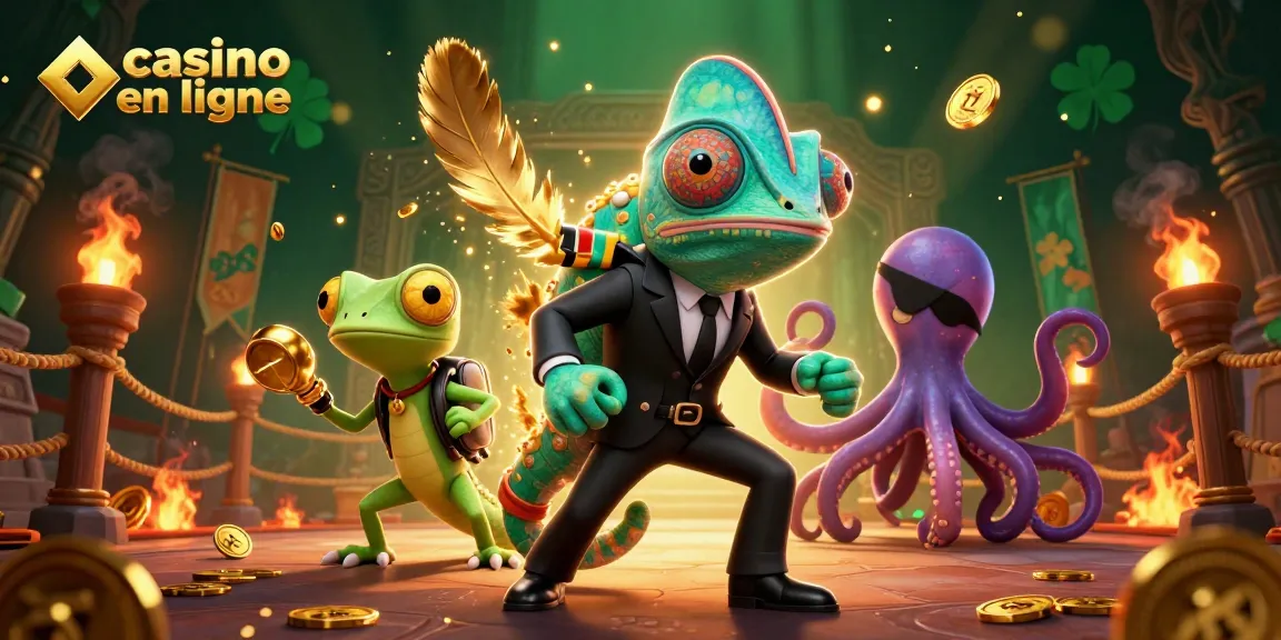 Un agent secret caméléon et ses compagnons au casino en ligne, entourés de pièces d'or et d'effets visuels captivants.